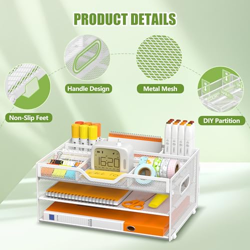 3-Tier Letter Paper Tray Desk Organizer, White Desktop File Rack Holder with 3 Drop in Pencil Holder and Sliding Tray for Office Classroom and Home Supplies Organization Storage - color: White-3