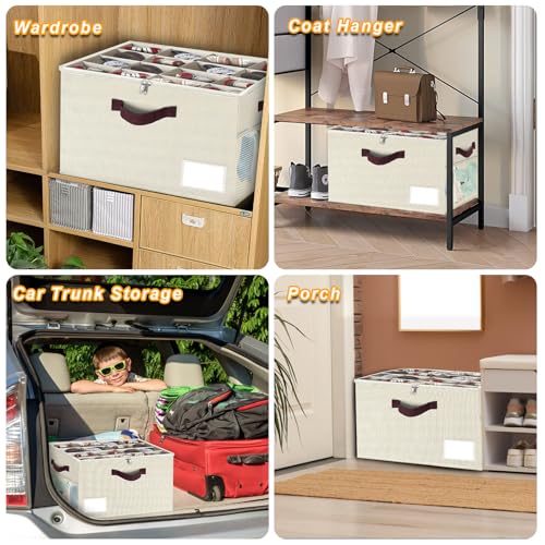2 Pack Large Shoe Organizer for Closet, Adjustable Dividers Shoe Storage Bins Boxes, Foldable Shoe Holder Cube Containers with Clear Cover for Men’s Shoes, High Heel,Sneaker,Slippers,Boots(Beige)
