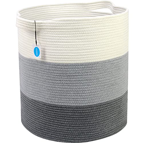 Casaphoria Cotton Rope Storage Basket for Organizing,Round Blanket Basket Living Room,Woven Laundry Basket with Handles for Bathroom Bedroom,Stripe Woven Cotton Laundry Hamper,Tall Laundry Basket - color: ‎cream and gray