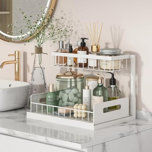 INNOVATIVE LIFE Under Sink Organizer, 1 Pack 2 Tier Under Sink Organizers and Storage, Slide Out Pull Out Cabinet Organizer Shelf, Metal Sliding Drawer for Kitchen， Bathroom，White - size: White (1 Pack)