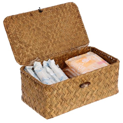 Sumnacon Wicker Basket with Lid Rectangle Woven Baskets for Toiletries Tampon Storage,Wicker Storage Basket with Lid,Decorative Seagrass Storage Baskets for Shelf Bathroom Toilet Table, Caramel - color: Caramel, size: X-Small