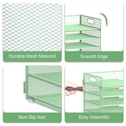 7 Tier Paper Organizer - Mesh Desktop File Holder with Handles for Office School Desk, Black (Mint green) - color: Mint green