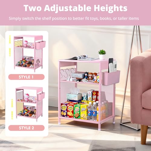 ECOLOVI Kids Nightstand 19in High for Floor Beds, 3-Tier Metal Small Bedside Table with Adjustable Storage Shelf, Basket & 3 S-Hooks, Low Nightstand for Nursery, Toddler Bedroom (Pink) - color: Pink