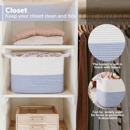 Goodpick Woven Storage Baskets for Organizing, Cotton Rope Organizer for Dog Toys Books, Rectangle Shoe Basket for Shelves, Stylish Gift Baskets Empty with Handles, 13"x10"x9", Blue - color: Light Blue, size: 13"L x 10"W x 9"H