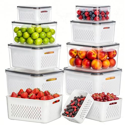 HOMETALL 8 Pack Fruit Storage Containers for Fridge, Fridge Organizers and Storage with Colander, Dishwasher & Microwave Safe Produce Containers Keep Fruits, Vegetables, Berry, Meat Fresh Longer - color: White