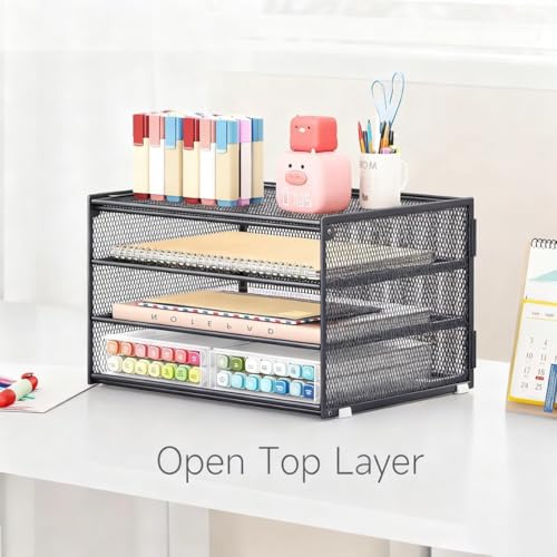 Lavatino 3-Tier Letter Tray Desk Organizer – Grey Mesh Metal Paper File Tray Organizer for Desk, Office Supplies & Home Organization | Fits A4/Letter Paper, Mail, Magazines and Office Accessories - color: 4-tier No Handle - Grey