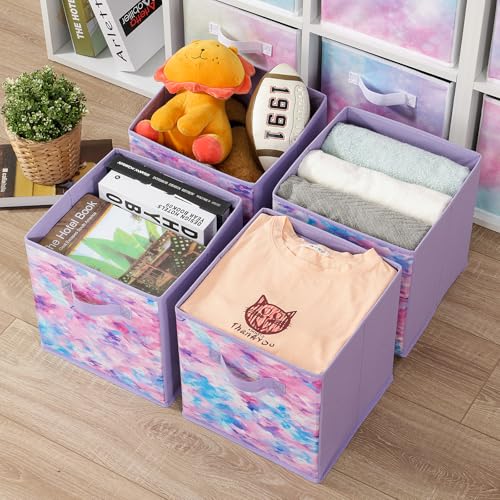 Stero Fabric Storage Cubes, 6 Pack Foldable Storage Bins Baskets with Handle, 11 Inch Box for Shelves, Closet, Organizer, Tie-dye Purple - color: Tie-dye Purple, size: 11"-6 Pack