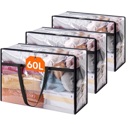 Lifewit 3 Pack Clear Clothes Storage Bags, 60L Plastic Blanket Storage Bag, Vinyl Foldable Moving Bags with Zipper, Closet Organizers and Storage Containers for Bedding, Duvet, Comforter - size: 60L