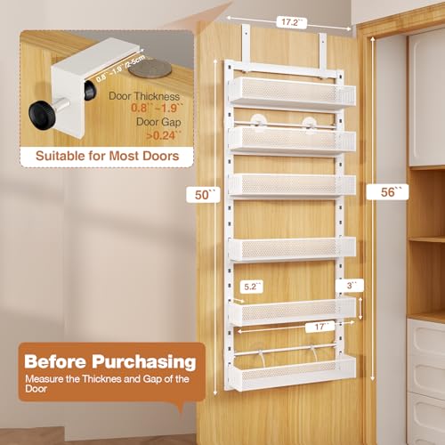 Pantry Door Organizers and Storage, 6-Tier Large Metal Heavy-Duty Frame Over the Door Spice Rack, 2 in 1 Wall-Mounted or Hanging shelf for Kitchen, Bathroom, Laundry Room, Bedroom, Closet &Nursery - color: White, size: 17.2"W-6 tier