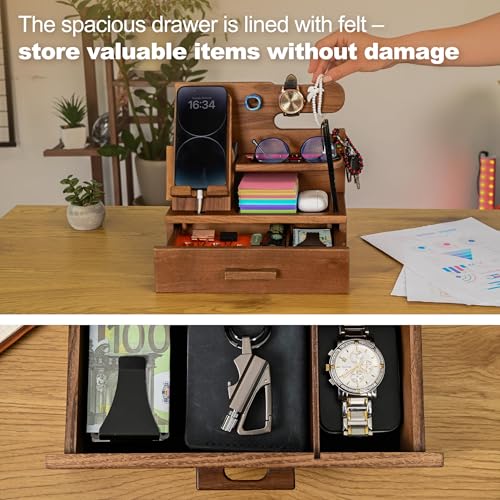 TESLYAR Wood Phone Docking Station with Drawer - Nightstand Organizer - Desk Organizer for Husband - Birthday Gifts for Men, Dad, Anniversary Idea, Key Holder Stand Watch & Accessories (Desert Beige) - color: Desert Beige