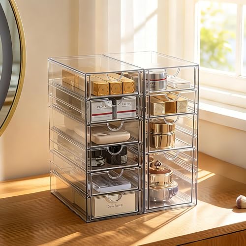 Prsildan Acrylic Drawer Makeup Organizer with 10 Drawers, Set of 2 Office Desk Organizers Accessories, Clear Stackable Storage Drawers for Vanity, Countertop, Craft, Jewelry, Art Supply Organization - style: 10 Drawers