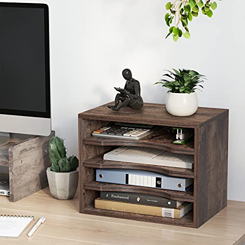 Snughome Vintage Wood File Organizer Desktop, 13.4’’ Document Letter Mail Tray Sorter with 3 Adjustable Shelves, Wooden Desktop Paper File Sorter Holder for School Home Office Supplies - size: 13.4’’L x 9.1’’W x 10.6’’H