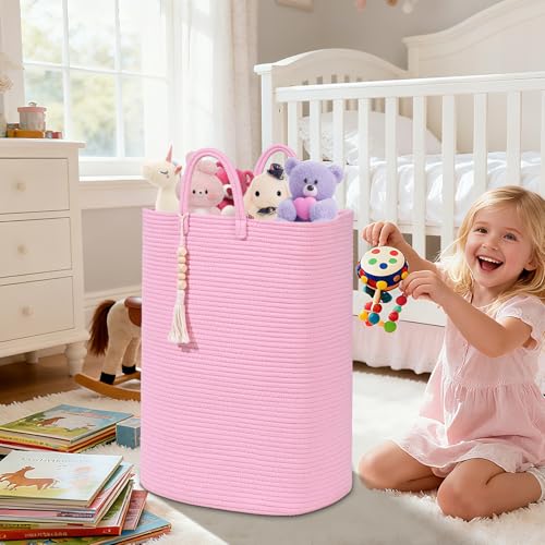 Woven Laundry Basket for Clothes, 65L Large Rectangle Laundry Hampers, Nursery Storage Basket for Toys, Tall Dirty Clothes Hamper for Bedroom Aesthetic, Bathroom, Laundry Room - color: Pink, size: 65L