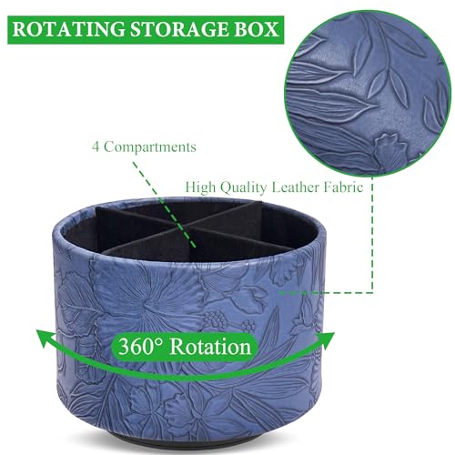 Hennaja Round Leather Art Supply Organizer,Remote Control Holder,360 Degree Spinning,Multi-Functional Pencil Holder,4 Compartments Desktop Stationary Organizer(1-Carved Blue) - color: 1-Carved Blue
