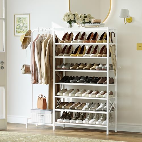 Shoe Rack with Coat Rack, 8 Tier Tall Shoe Storage Organizer with Hooks, 3-in-1, Wooden Top Shelf, Sturdy Frame, Metal Clothes Hanger Stand for Entryway, Closet, White - color: White