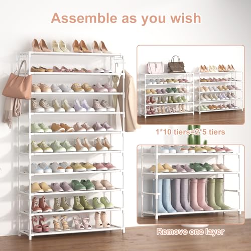 LANTEFUL 10 Tiers Shoe Rack 50 Pairs Large Capacity Tall Shoe Organizer Sturdy Shoe Storage with Two Hooks Space Saving Metal Wide Shoe Rack for Closet, Entryway, Bedroom, White - color: White, size: 10 Tier-61.2" High-34" Wide