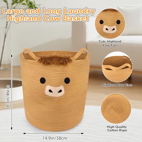 Highland Cute Cow Basket for Nursery, Tall Large Laundry Blanket Gift Basket, Woven Rope Cotton Storage for Clothes, Baby Shower Hamper 0rganizer with Ears Handles, 53L Clothes Bins,15"D×18"H - color: Brown, size: 15"D ×18 "H