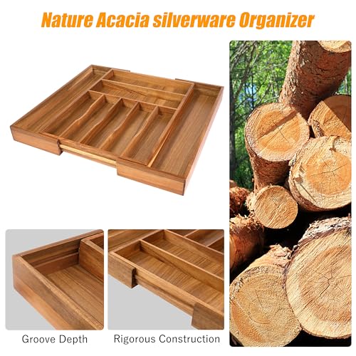 Bellsal Large Premium Acacia Wood Silverware Organizer - Expandable Utensil Drawer Organizer - 17"x19.6" Utensil Holder and Cutlery Tray with Grooved for Kitchen Flatware Utensils(7-9 Slot, Acacia) - color: Acacia, size: 9 Slots Expandable