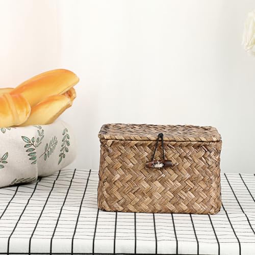 Hipiwe Seagrass Basket with Lid Wicker Storage Basket Square Handwoven Decorative Baskets Box for Shelf Multipurpose Household Baskets Home Decor,X-small - color: Coffee, size: X-small