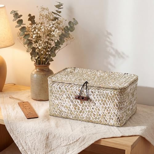 Hipiwe Mini Seagrass Basket with Lid Decorative Shelf Basket Box Multipurpose Desktop Organizer, Whitewash 7.0" x 4.3" x 3.3" - color: Whitewash color, size: 7.0" x 4.3" x 3.3"