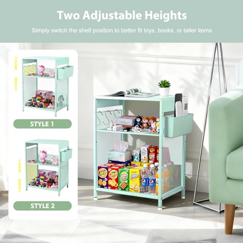ECOLOVI Kids Nightstand 19in High for Floor Beds, 3-Tier Metal Small Bedside Table with Adjustable Storage Shelf, Basket & 3 S-Hooks, Low Nightstand for Nursery, Toddler Bedroom (Green) - color: Green