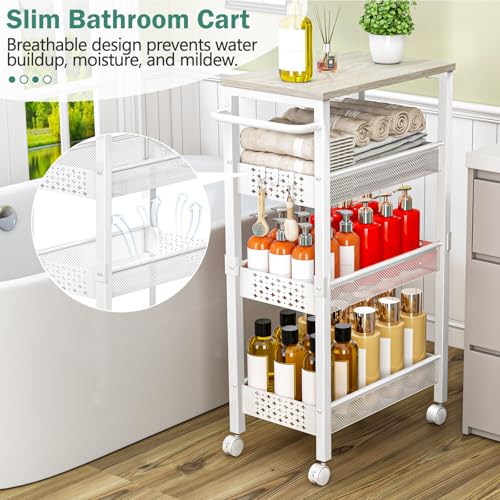 Vivihomety Utility Slim Storage Cart with Wheels, 4 Tier Small Rolling Cart with Wood Top, Metal Kitchen Bathroom Laundry Room Organization Trolley with Handle for Narrow Space - White - color: White, size: 8.1 inch wide