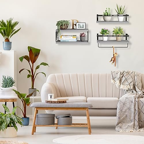 Fixwal 3+1 Tier Wall Mounted Bathroom Shelves Over Toilet, Rustic Wood Floating Shelves with Metal Frame and Towel Bar for Bathroom, Kitchen, Bedroom, Living Room (Gray) - color: 2-gray