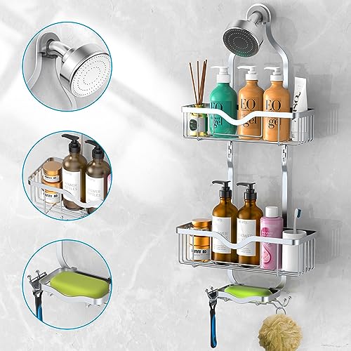 Kadolina Shower Caddy Hanging, Bathroom Shower Rack, Bathroom Organizer with Soap Dish, Over The Showerhead Caddy with Hooks for Razor/Sponge, Bright Silver (Assembly Required) - color: Bright Silver