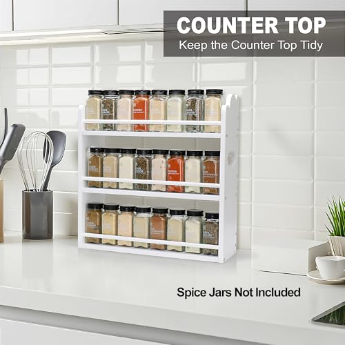 3 Tier Bamboo Spice Rack, Spice Rack Organizer, Seasoning Jars Rack Shelf Spice Organizer for Kitchen Counter or Wall Mounting, Spice Storage Holder with handles, Jars Not Included, White - color: White with Handles