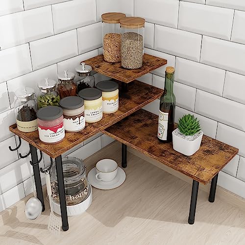 Homode Kitchen Countertop Organizer - 3 Tier Corner Shelf, Bathroom Counter Organizer, Spice Rack, Coffee Bar, Over Sink, Rustic Brown - color: Rustic Brown, With Hooks