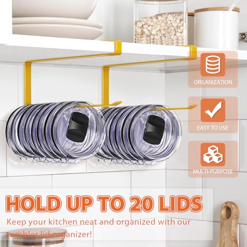 2 Pack Tumbler Lid Organizer, Horizontal Tumbler Lid Storage Hook to Hold Up 20 Lids, Space Saving Cup Lid Holders Under Cabinet Tumbler Lid Hook for Kitchen Organizer, Paper Towel Rack Hanger (Gold) - color: Gold, size: 2 Pack
