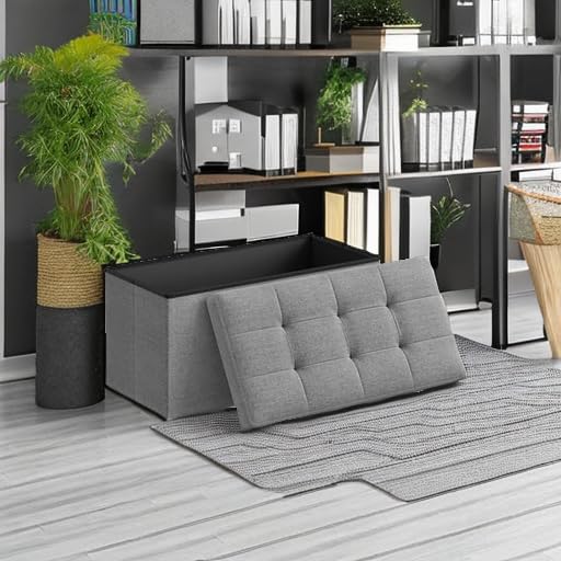 SONGMICS MAZIE Collection - 30 Inches Folding Storage Ottoman Bench, Ottoman Foot Rest, End of Bed Bench, Storage Chest, Load 660 lb, for Living Room, Bedroom, Entryway, Light Gray ULSF47G - color: Light Gray, size: 15"D x 30"W x 15"H