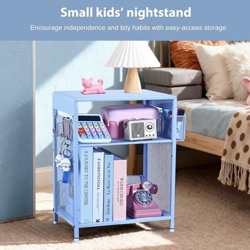 ECOLOVI Kids Nightstand 19in High for Floor Beds, 3-Tier Metal Small Bedside Table with Adjustable Storage Shelf, Basket & 3 S-Hooks, Low Nightstand for Nursery, Toddler Bedroom (Blue) - color: Blue