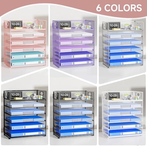 Pink Paper Organizer for Desk with Handle, 6-Tier Metal Mesh File Organizer | Stackable Desktop Organizer for Office Supplies & Stationery Storage - color: Pink, size: 12.6" x 9.1" x 13.5"