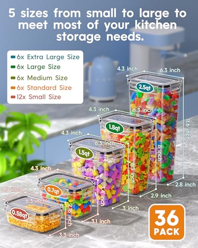 KEMETHY 36 PCS Airtight Food Storage Containers with Lids, Kitchen Pantry Organization and Storage, BPA-Free Plastic Scale Food Canisters for Cereal, Flour, Sugar, Dry Food, Include Labels & Marker - color: 36 Piece