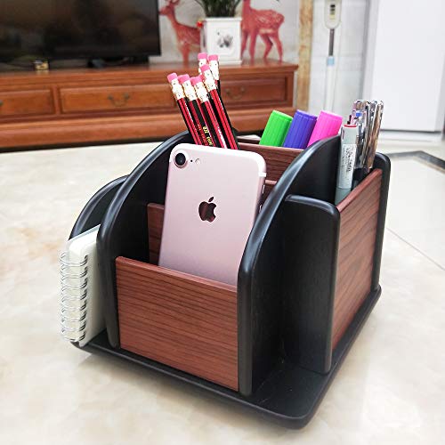 Revolving Remote control caddy,Wooden pen holder for desk office supplies stationery storage, Multi function home & office desktop organizer YCL875R