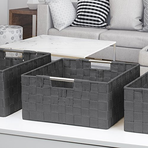 Sorbus Storage Box Woven Basket Bin Container Tote Cube Organizer Set Stackable Storage Basket Woven Strap Shelf Organizer Built-in Carry Handles (Gray) - color: Gray