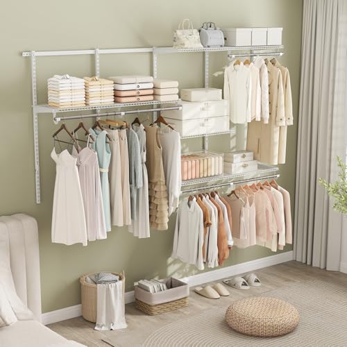 Giantex Closet Organizer System, 4-8 FT Wall-Mounted Closet Shelves and Rod, Adjustable Closet Organization w/ Hanging Rod, DIY Expandable Modular Metal Wire Shelving for Laundry Bedroom (White) - color: White, size: 96"x14"x47.5"