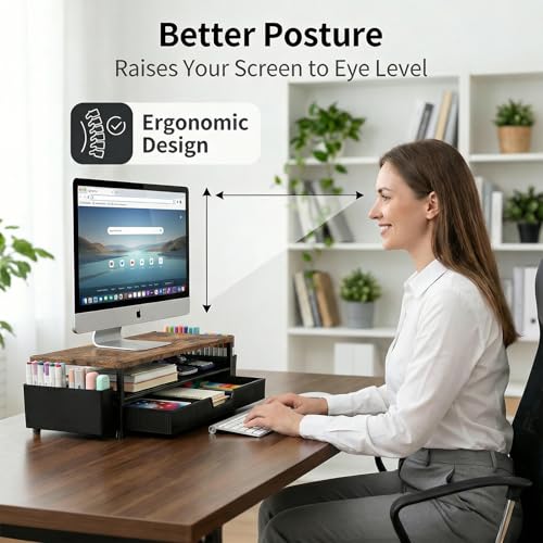 ECOLOVI Desk Organizer and Accessories, 2-Tier Computer Monitor Stand Rise with Storage Drawer & 2 Pen Holders, Laptop & Printer Stand for Desktop, Workspace Organizers for Office Supplies (Brown) - color: Walnut Brown