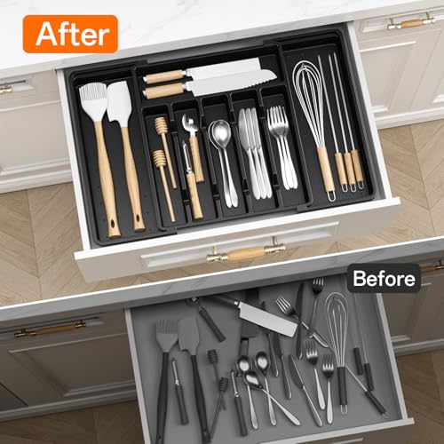 RoomHacks Large Silverware Organizer,Expandable Utensil Drawer Organizer,BPA Free Utensil Holder,Adjustable Silverware Tray Cutlery Drawer Organizer for Kitchen Flatware,Large,Black (6-8 Slots) - color: Black