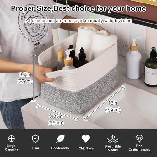 OIAHOMY Woven Storage Basket for Shelves, Rectangle Cotton Rope Baskets for Organizing, 13 x 10 x 9 in, Storage Bins for Dog Toys,Towel,Books,Gift,Grey and White - color: Grey and White, size: 13"x10"x9"