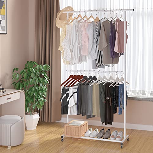 Sywhitta Double Rod Clothing Garment Rack, Rolling Clothes Organizer on Wheels for Hanging Clothes, Easy to Assemble, Adjustable, White - color: White, size: No mesh