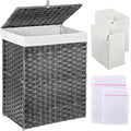 Greenstell Laundry Hamper with Lid, 90L Clothes Hamper with 2 Removable Liner Bags & 2 Mesh Laundry Bags, Handwoven Synthetic Rattan Laundry Basket for Clothes, Toys in Bathroom, Bedroom Grey - color: Gray, size: 90L (18.1 x 13.0 x 23.6 inches)