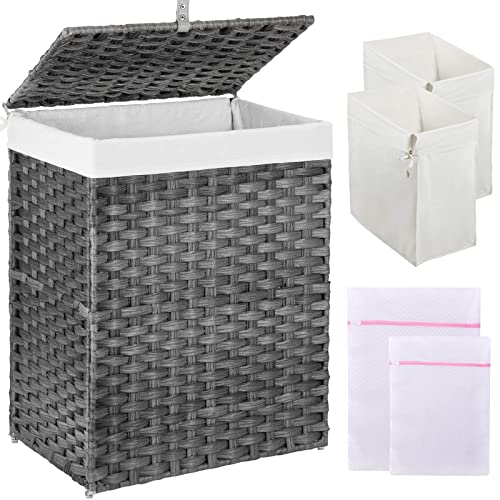 Greenstell Laundry Hamper with Lid, 90L Clothes Hamper with 2 Removable Liner Bags & 2 Mesh Laundry Bags, Handwoven Synthetic Rattan Laundry Basket for Clothes, Toys in Bathroom, Bedroom Grey - color: Gray, size: 90L (18.1 x 13.0 x 23.6 inches)