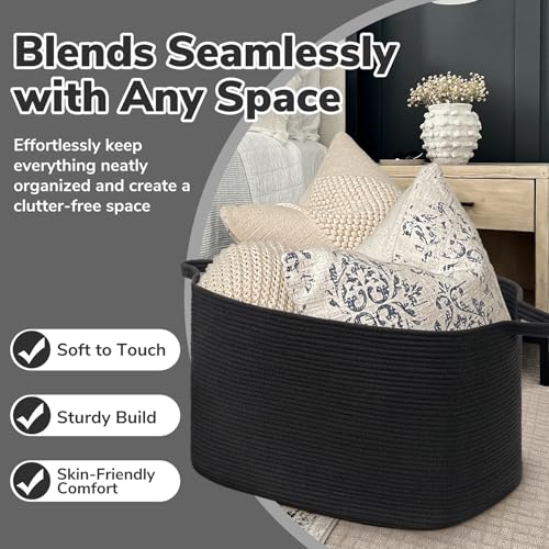 Goodpick Extra Large Storage Basket, 23.6" x 15.7" x 13.8" Rectangle Cotton Rope Basket for Blankets, Pillows, Toys, Woven Dirty Clothes Baskets for Laundry, Black - color: Black, size: X-Large(23.6"L x 15.7"W x 13.8"H)