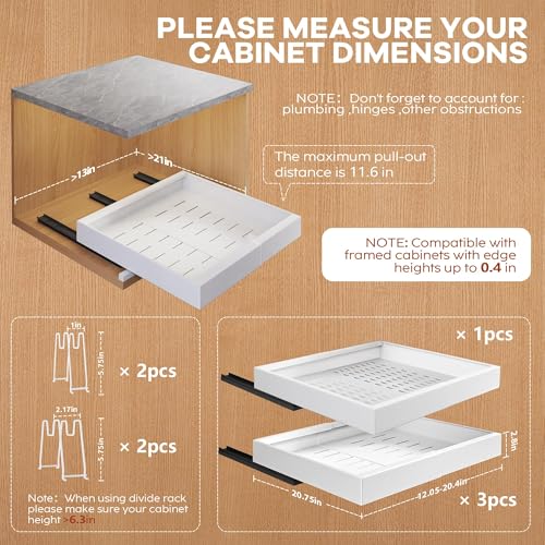 Seinloes 4Pack Expandable Pull Out Cabinet Organizer 21"Deep with Raising Pad for Framed Cabinets,Slide Out Drawers with 4pcs Divider Racks,Roll Out Shelves Adhesive,Adjustable Width 12.05"-20.4"White - color: White, size: 21"D x 12.05"-20.4"W(4Pack)