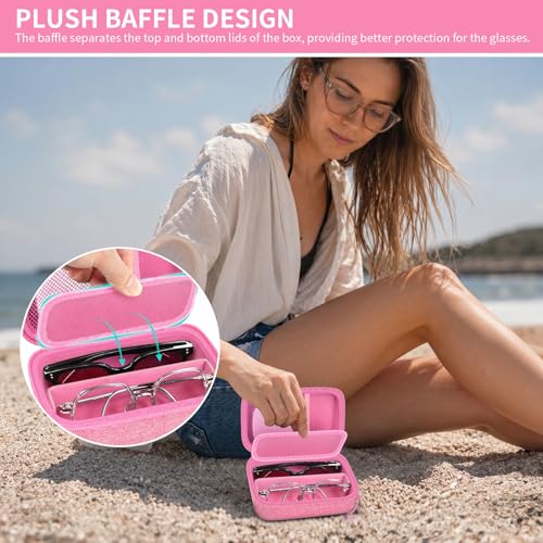 GWCASE Travel Glasses Organizer & Contact Lens Case - Adjustable Slots, Built-in Mirror, Tweezers, Solution Bottle & Hand Strap, Universal Fits Eyelasses/Sunglasses for Men & Women – Pink - color: Pink