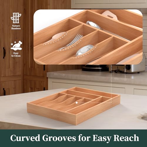 Bamboo Silverware Organizer, Kitchen Drawer Organizer, Utensil Holder, Cutlery Tray & Spoon Flatware Storage with Grooved Drawer Dividers (12.5''W x 16.5''D) - color: Natural, size: 12.5''W x 16.5''D
