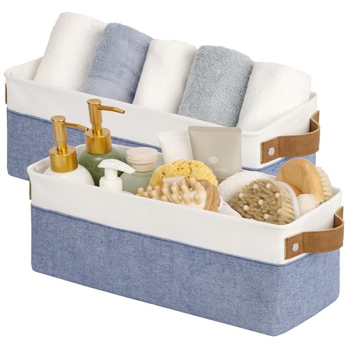 StorageWorks Narrow Storage Bins, Small Basket for Closet and Shelves, Fabric Organizer with Handles, Toilet Paper Storage, Blue and White, 2-Pack - color: Blue and White, size: 15"L x 6"W x 5"H