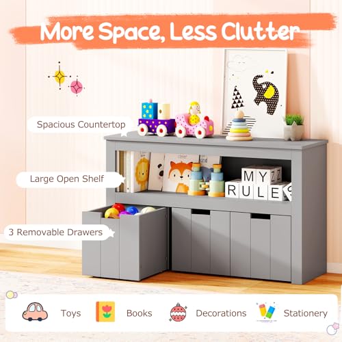 GLACER Toy Storage Organizer, Wooden Montessori Shelf with 3 Movable Drawers, Hidden Wheels, Toy Box for Boys and Girls, Kids Storage Organizer for Playroom, Nursery, Kindergarten, Living Room (Gray) - color: Gray